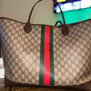 Gucci Beige and Brown Tote with Green and Red Stripe